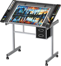 Load image into Gallery viewer, Adjustable Drafting Table on Wheels Glass Tabletop Drawing Desk with Storage Drawer