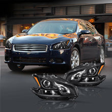 Load image into Gallery viewer, 2009-2014 Nissan Maxima Black Housing Headlights, Halogen Amber Corner Lens Assembly, Left & Right Side Pair, Direct OEM Fit
