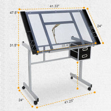 Load image into Gallery viewer, Adjustable Drafting Table on Wheels Glass Tabletop Drawing Desk with Storage Drawer