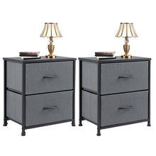 Load image into Gallery viewer, 2 Pack 2 Drawer Fabric Nightstand Set, Small Bedside Tables with Metal Frame & Adjustable Feet, Modern End Table Pair for Bedroom, Dorm, & Closet