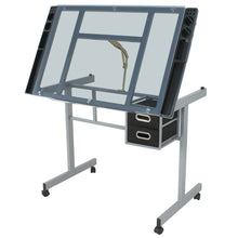 Load image into Gallery viewer, Adjustable Drafting Table on Wheels Glass Tabletop Drawing Desk with Storage Drawer
