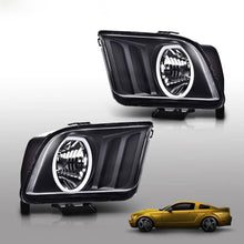 Load image into Gallery viewer, 2005-2009 Ford Mustang Black LED DRL Halo Headlights, Projector Lens Assembly, Left & Right Side Pair, Direct OEM Fit