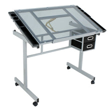 Load image into Gallery viewer, Adjustable Drafting Table on Wheels Glass Tabletop Drawing Desk with Storage Drawer