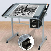 Load image into Gallery viewer, Adjustable Drafting Table on Wheels Glass Tabletop Drawing Desk with Storage Drawer