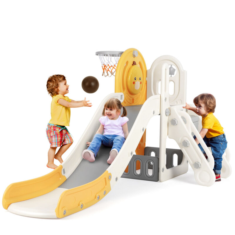 New 5 in 1 Toddler Slide Freestanding Kids Playground w/ Climber,Basketball Hoop