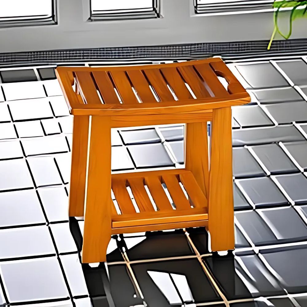 Solid Teak Wood Shower Bench Seat with Storage Shelf
