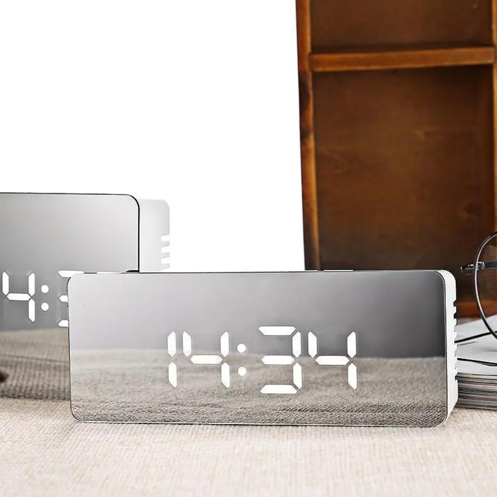 Compact High Tech Mirror LED Display Tabletop Digital Alarm Clock