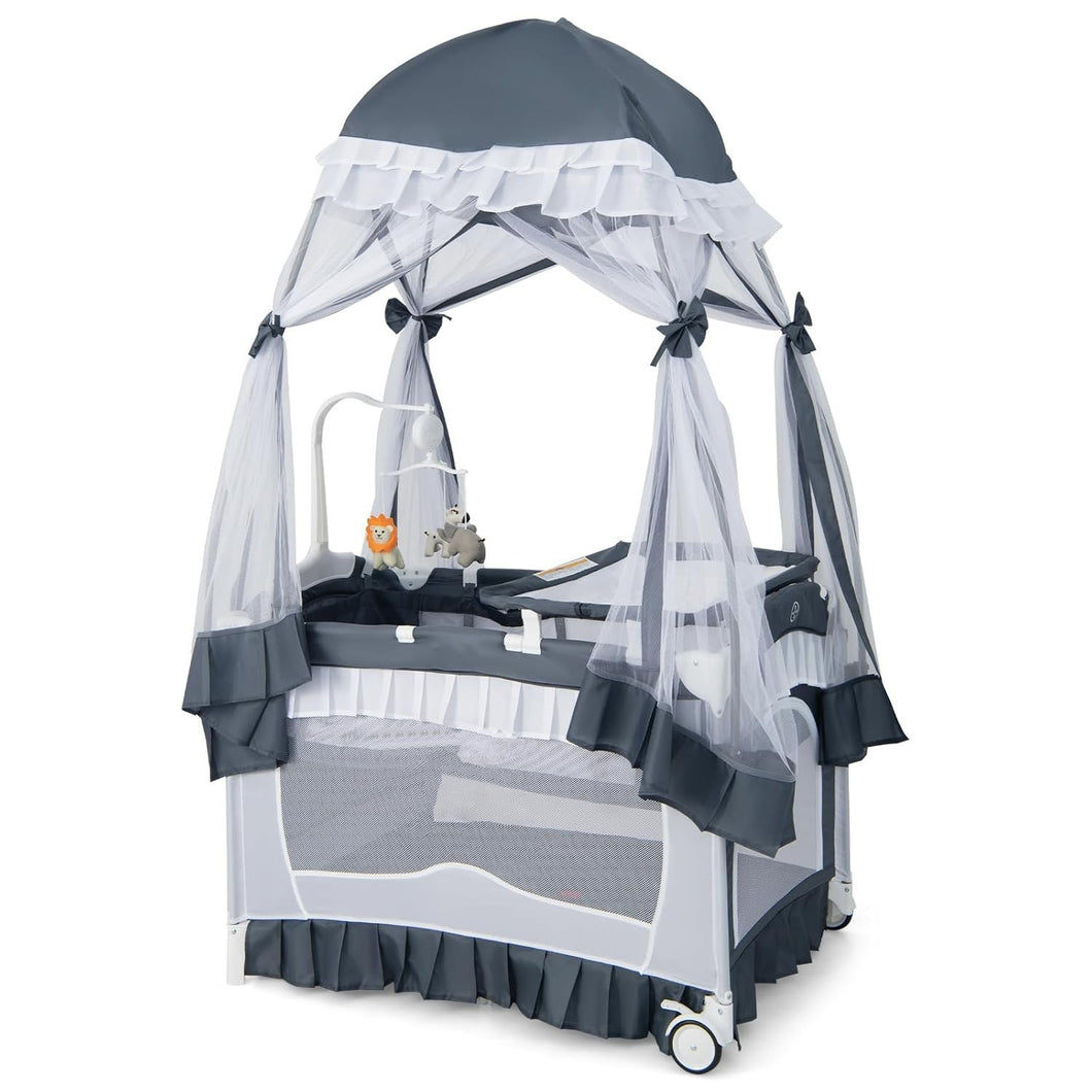 Portable Baby Playard Crib Bassinet Bed W/ Table Canopy Music Box