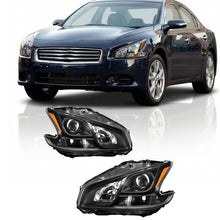 Load image into Gallery viewer, 2009-2014 Nissan Maxima Black Housing Headlights, Halogen Amber Corner Lens Assembly, Left &amp; Right Side Pair, Direct OEM Fit
