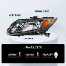 Load image into Gallery viewer, 2012-2015 Honda Civic Sedan Black Housing Headlights, 2012 2013 Civic Coupe Headlamp Pair with Amber Reflector, Professional Replacement Set
