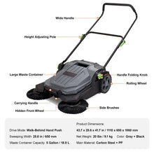 Load image into Gallery viewer, 25.6" Walk Behind Hand Push Floor Sweeper, Manual Industrial Road Sweeper with 5 Gallon Waste Container for Driveways &amp; Warehouses
