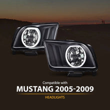 Load image into Gallery viewer, 2005-2009 Ford Mustang Black LED DRL Halo Headlights, Projector Lens Assembly, Left &amp; Right Side Pair, Direct OEM Fit
