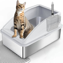 Load image into Gallery viewer, Stainless Steel Cat Litter Box, L Enclosed With Lid, Metal Scoop, Mat Included
