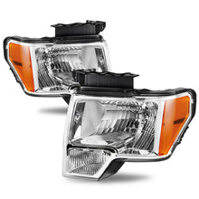Load image into Gallery viewer, 2009-2014 Ford F-150 Pickup Chrome Headlights, Styleside Crystal Clear Lens Assembly, Left &amp; Right Side Pair, Direct OEM Fit
