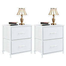 Load image into Gallery viewer, 2 Pack 2 Drawer Fabric Nightstand Set, Small Bedside Tables with Metal Frame &amp; Adjustable Feet, Modern End Table Pair for Bedroom, Dorm, &amp; Closet
