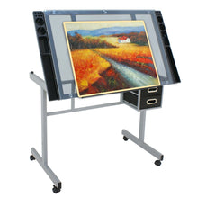 Load image into Gallery viewer, Adjustable Drafting Table on Wheels Glass Tabletop Drawing Desk with Storage Drawer

