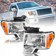 Load image into Gallery viewer, 2009-2014 Ford F-150 Pickup Chrome Headlights, Styleside Crystal Clear Lens Assembly, Left &amp; Right Side Pair, Direct OEM Fit
