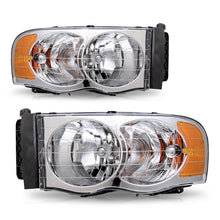Load image into Gallery viewer, 2002-2005 Dodge Ram 1500 2500 3500 Chrome Headlights, Amber Corner Crystal Clear Lens Assembly, Left &amp; Right Side Pair, Direct OEM Fit
