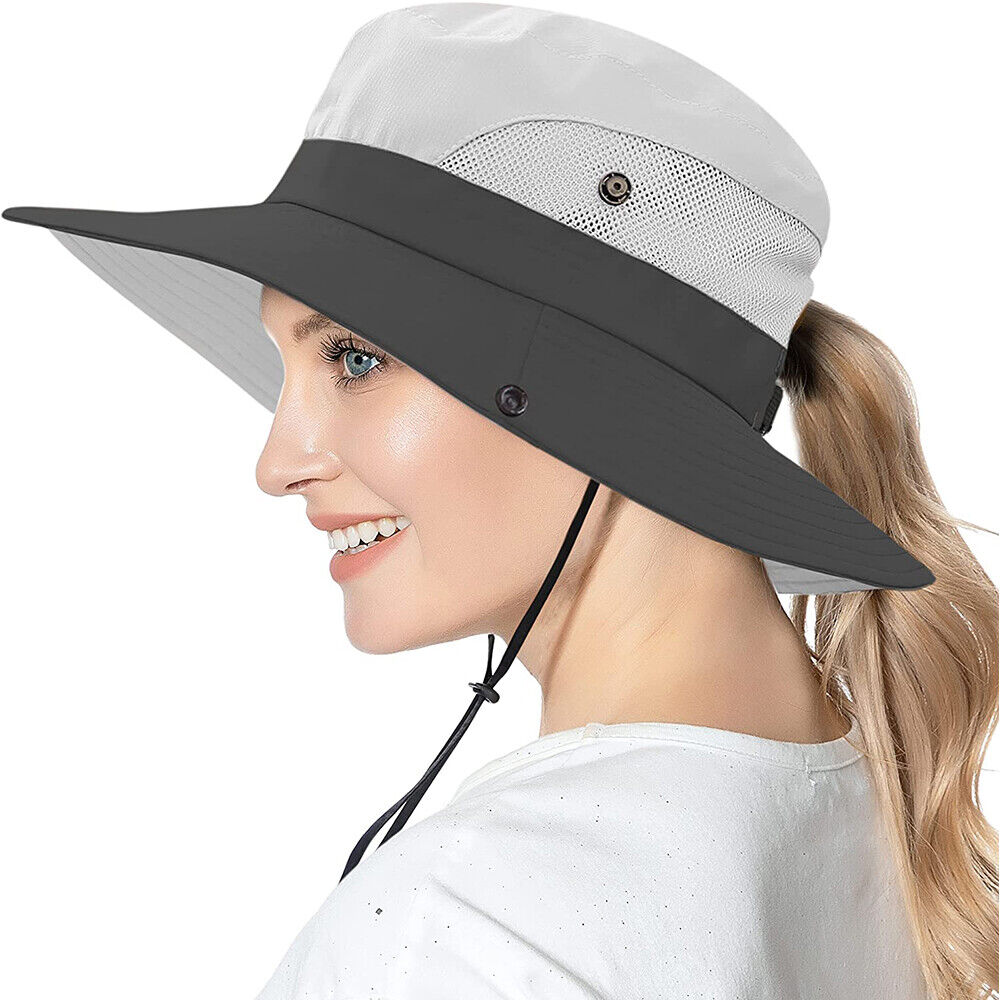 Women's UV Protection Ponytail Wide Brim Sun Shade Beach Hat