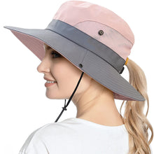 Load image into Gallery viewer, Women&#39;s UV Protection Ponytail Wide Brim Sun Shade Beach Hat
