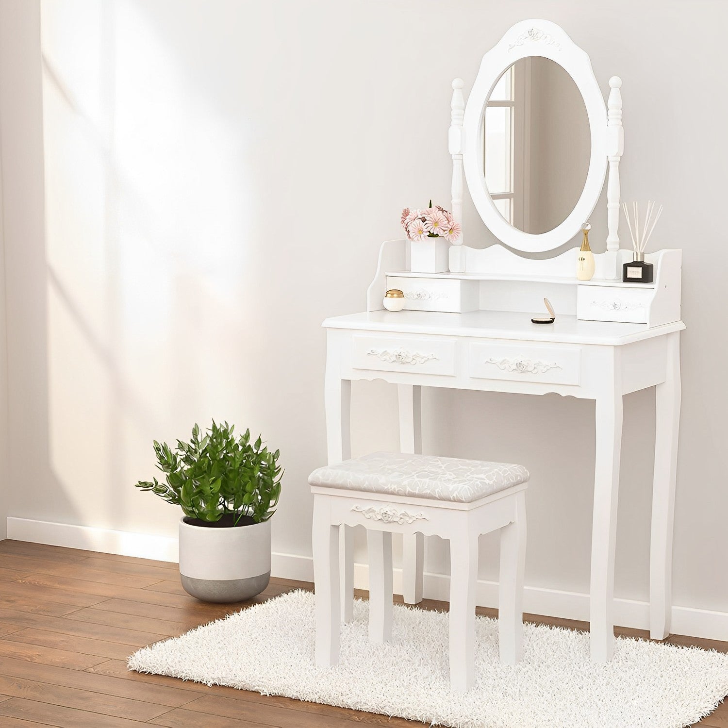 Vanity Set With Mirror And Stool