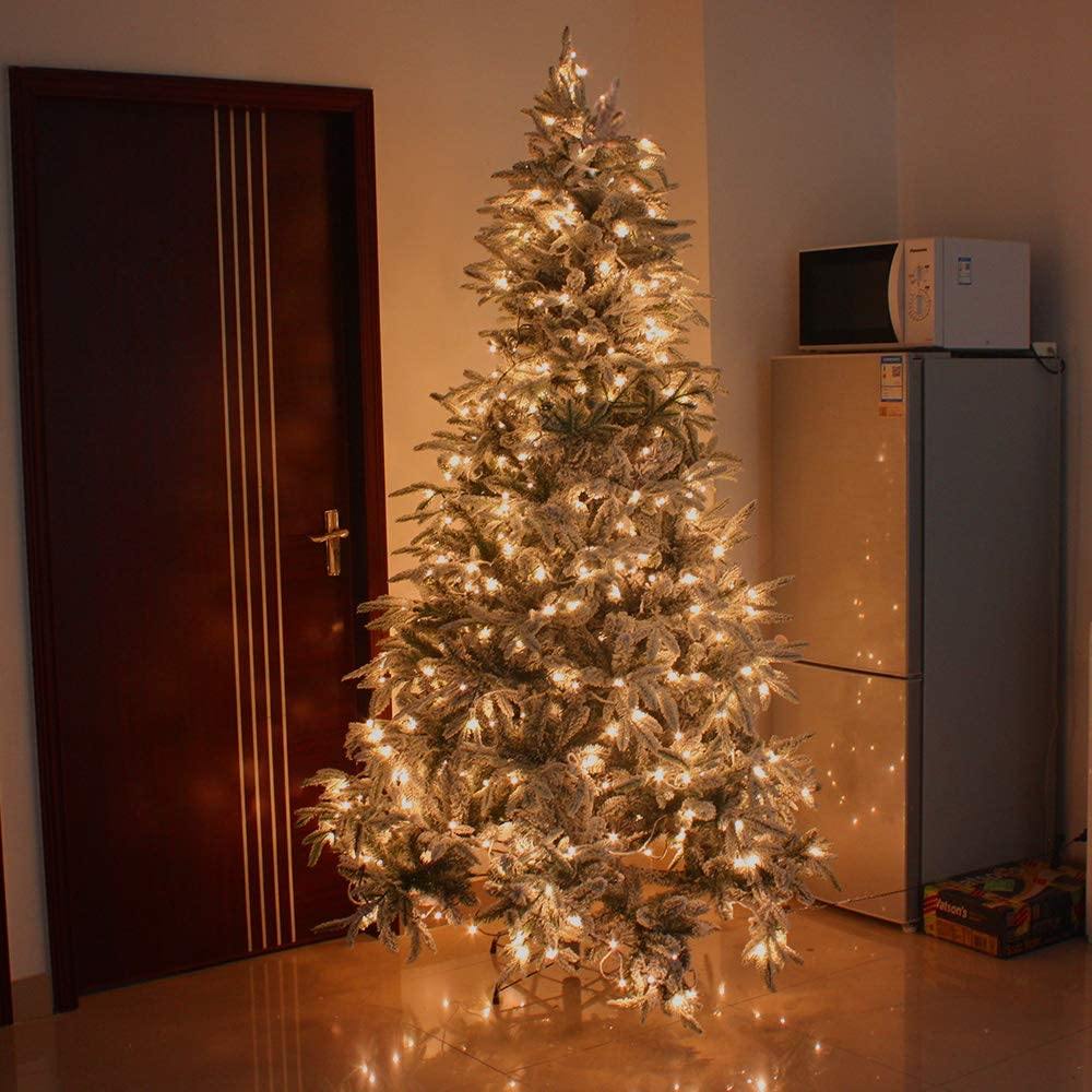 7Ft Snow Flocked Artificial Pre-lit Xmas Tree With Metal Stand, 300 Chasing Warm LED Lights - Until Times Up