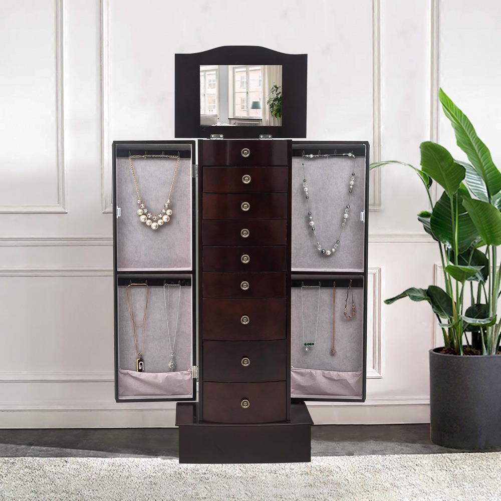 Large Mirrored Wooden Standing Jewelry Holder Armoire Organizer Cabinet