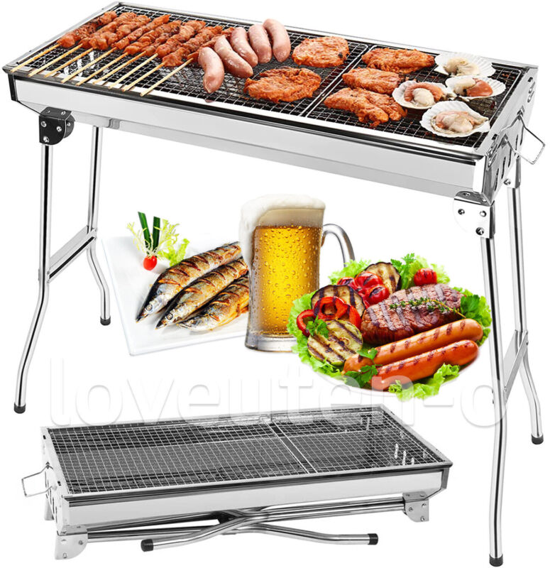 BBQ Grill Charcoal Barbecue Grill Stainless Steel Folding Camping Yard Portable