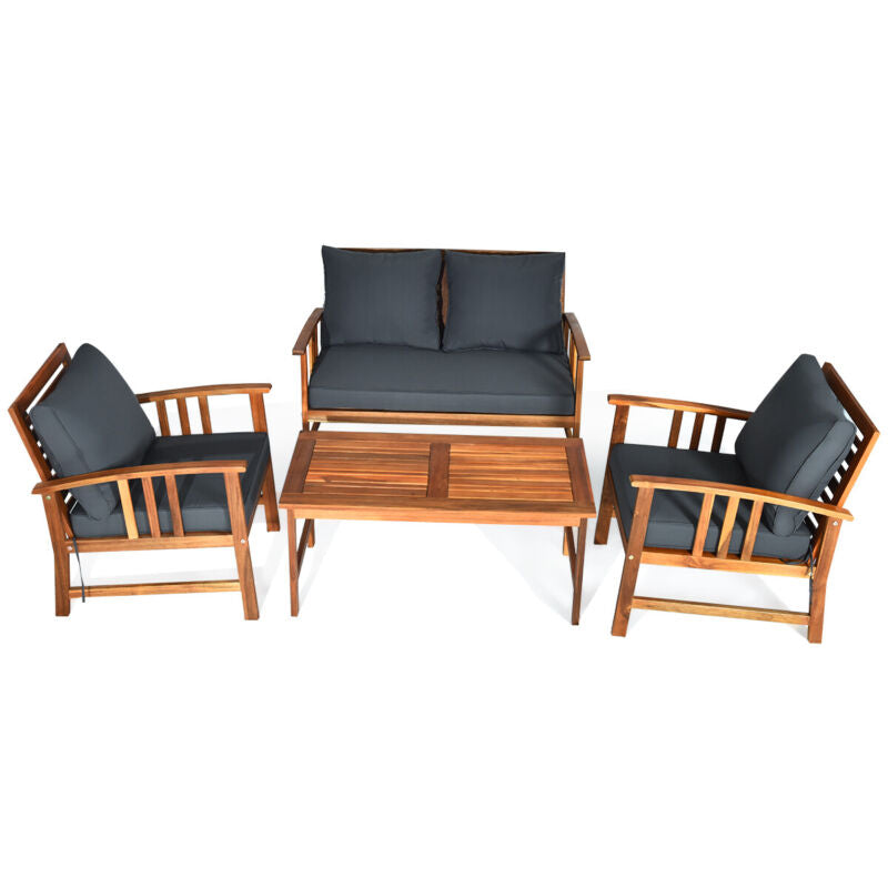 4 Pieces Wooden Patio Furniture Set Table Sofa Chair Cushioned Garden Outdoor