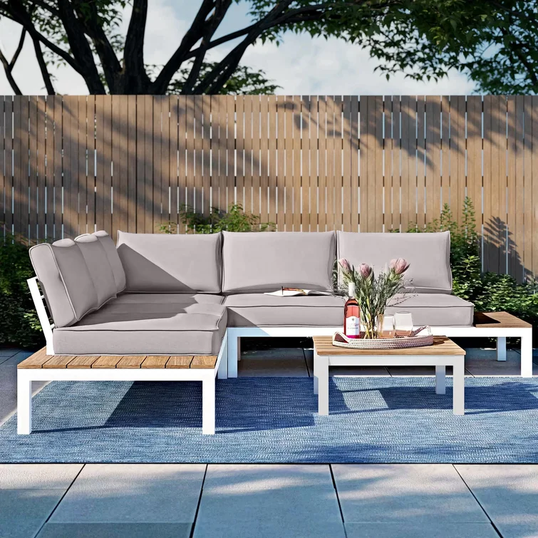Aluminum Outdoor Patio Furniture Set L-Shaped Sectional Sofa w/ Cushions Table